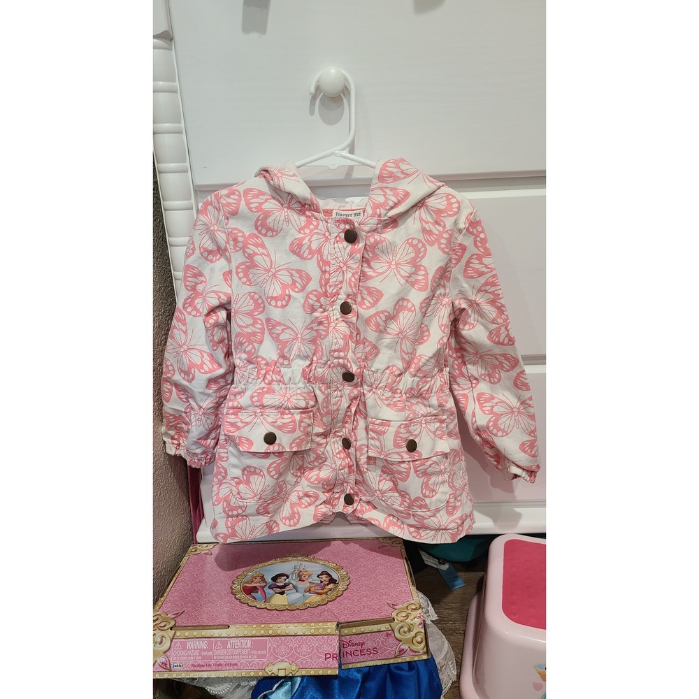 Forever Me Girls Pink Butterfly Print Hooded Utility Jacket Coat Size 5